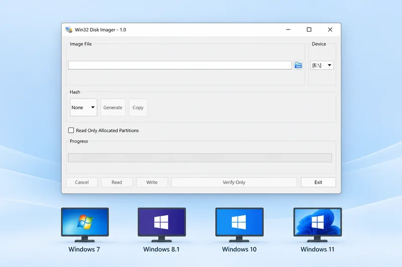 Win32 Disk Imager interface illustrated across Windows 7, 8.1, 10 and 11