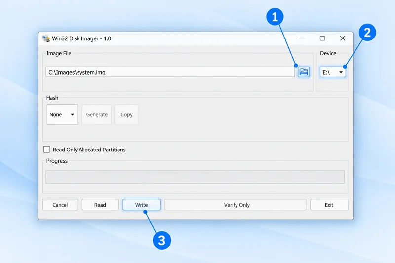 Win32 Disk Imager controls highlighted: image selection, device selection and Write