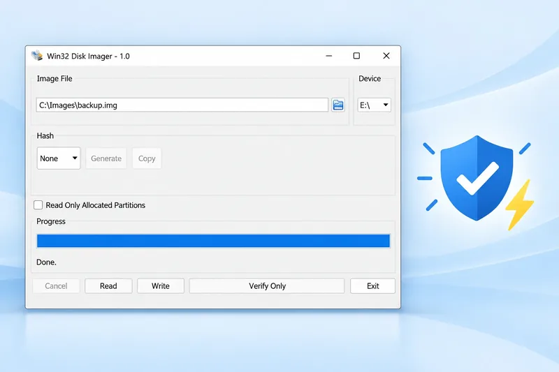 Win32 Disk Imager showing a completed operation with a check mark