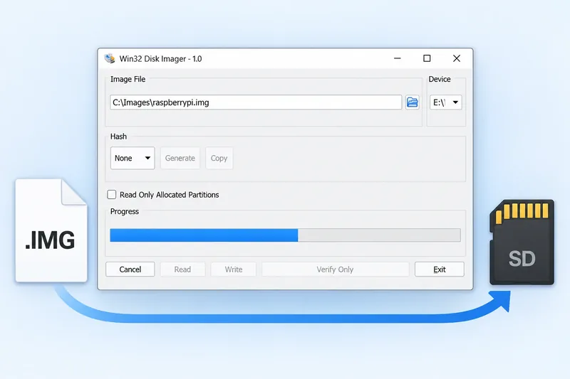 An IMG file being written to an SD card through Win32 Disk Imager